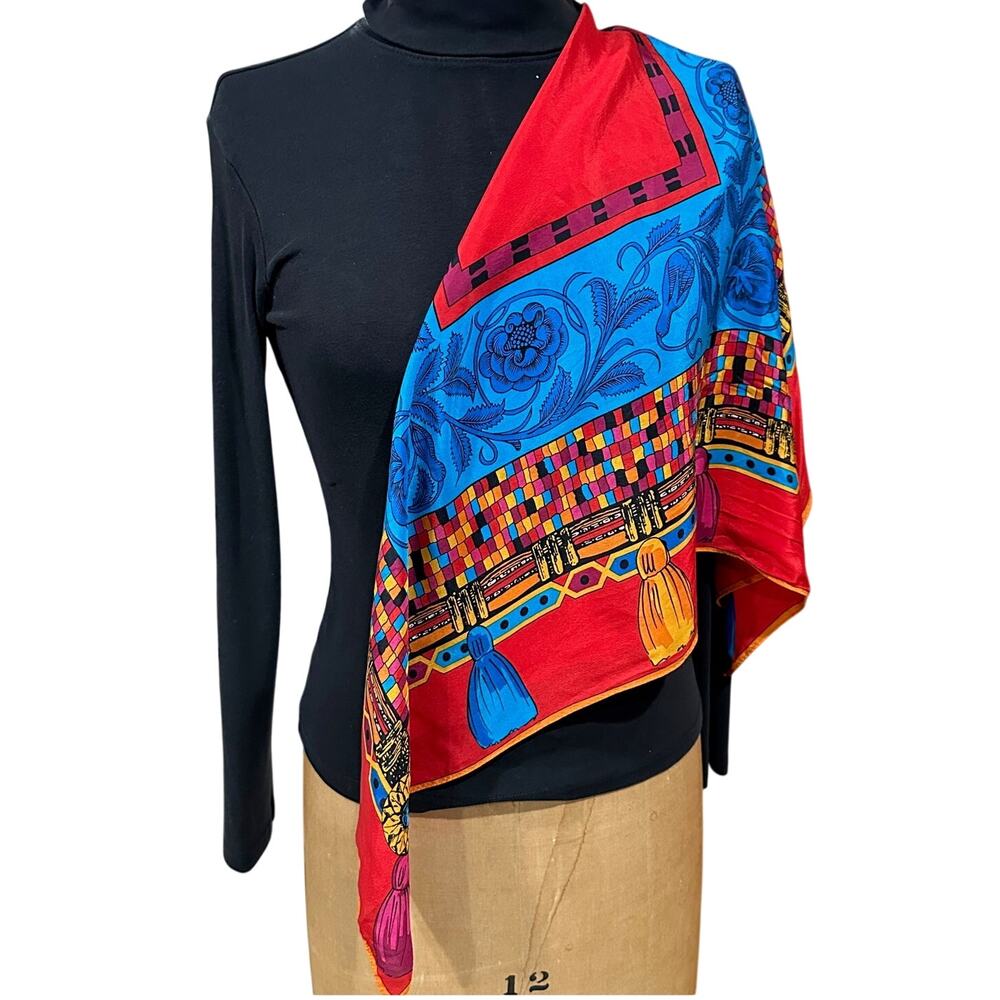 Vintage Morgan Taylor Large (30" x 30") Red and Blue Silk Scarf - Made in Japan